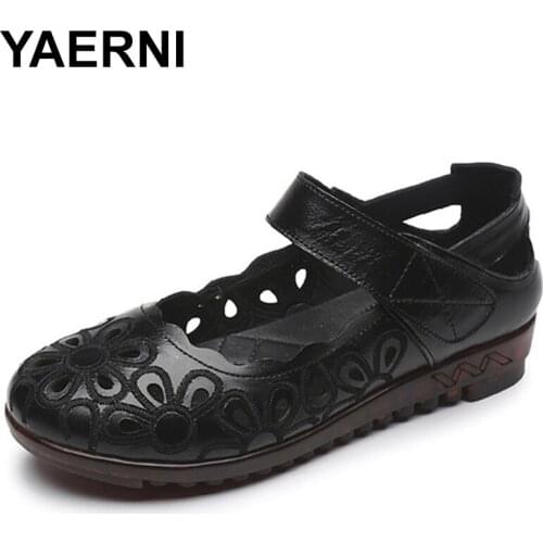 YAERNI Women Cow Leather Sandals Outdoor 2021 Summer Handmade Women Shoes Breathable Casual Shoes Footwear Walking Sandals