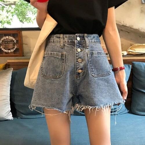New Denim Shorts Blue Korean Vintage Wide Leg High Waist Female Loose Womens Summer Shorts Jeans Button