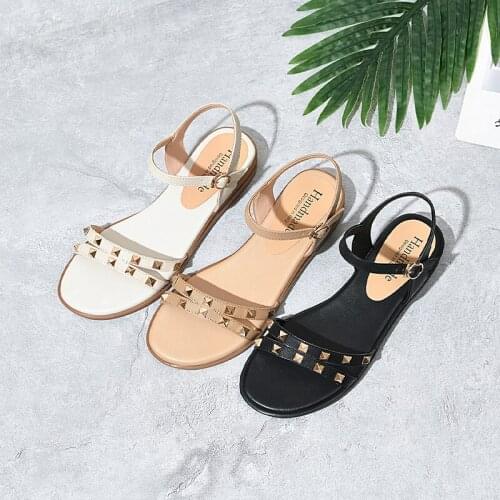 SKLFGXZY Summer Brand Shoes Women Rivet Fashion Sandals Genuine Leather Black Cowhide Girls Sandals