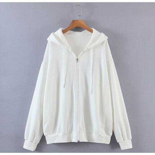 High quality ladies spring and autumn new products pure white zipper sweatshirts casual hooded sweatshirts loose sports outwear