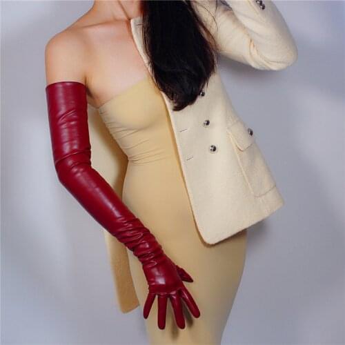 Extra Long Leather Gloves 70cm Long Section Emulation Leather Imitation Sheepskin PU Dark Wine Red Dark Red Female WPU128