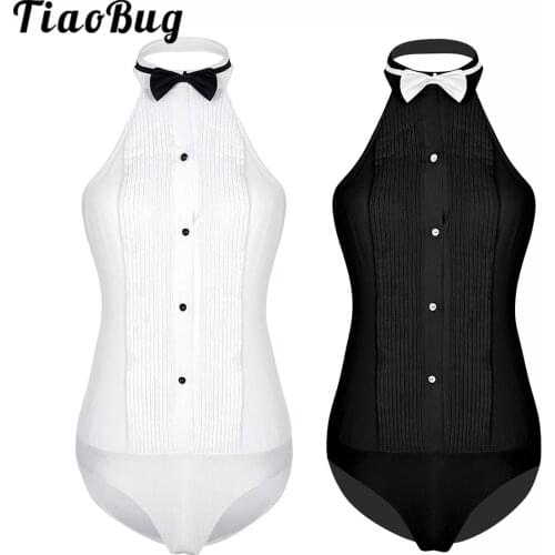 Womens Halterneck Tuxedo Shirt Bodysuits Button-Down Bowtie Halter Top Leotard Backless Party Stage Performance Dance Wear