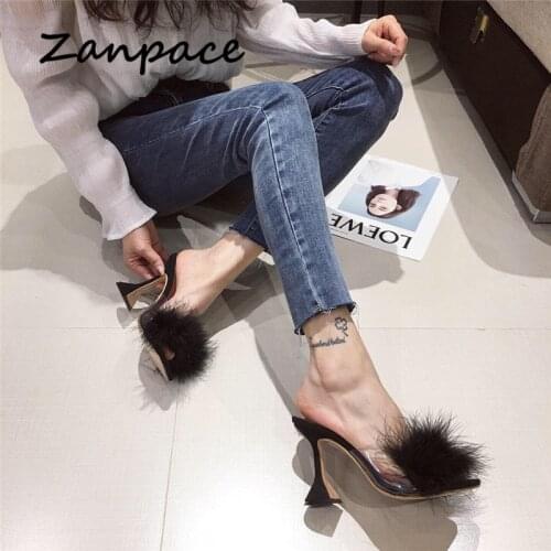 ZANPACE Large Size 35-45 Women Furry Slides Indoor Home Slippers Crystal High Heel Shoes for Women Fur Heel Clear Sandals