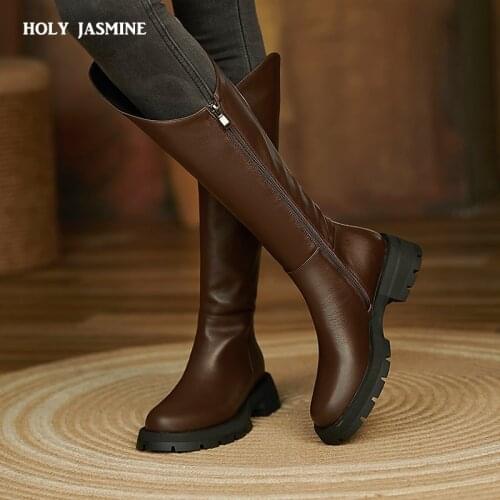 Round Toe Knee-High Boots 2021 Winter Chunky Heels Shoes Woman Heels Genuine Leather Party Basic Tight High Boots Platform Shoes