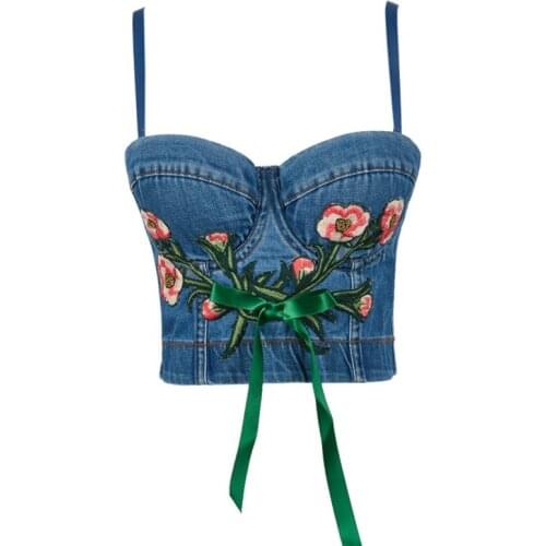 Womens Sexy&Club Tank Tops High quality floral embroidery Denim corselets B890
