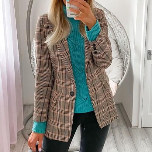 PUWD Leisure Women Brown Plaid Pockets Blazer 2021 Autumn Elegant Female Slim Houndstooth Outerwear Ladies Chic Office Blazers