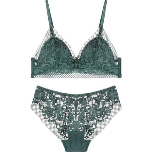 Bra & Brief Sets Sexy Lace Underwear Set for Women Bra and Panty Set Wireless Triangle Thin Cup Hollow Out Lace Bralette Summer