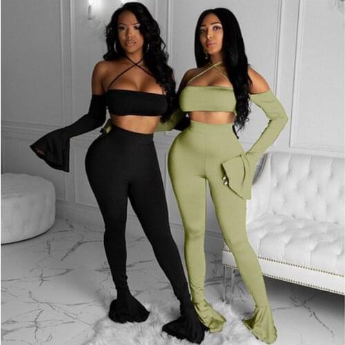 Womens Sets Tracksuit New Sexy Off Shoulder Halter Long Flare Sleeve T-shirt Crop Top High Waist Long Flared Pants Bell Bottoms