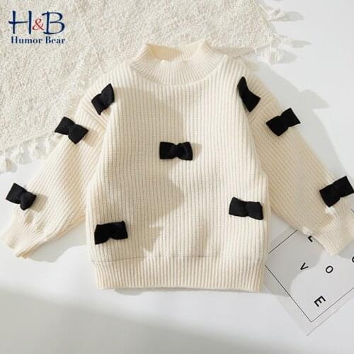 Humor Bear Girls Knitted Sweater Winter Autumn Long Sleeve Warm Round Collar Cute Bow Printed Kids Sweater