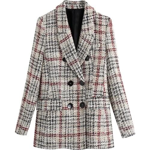 New 2021 Women Vintage Plaid Pattern Print Woolen Coat Female Chic Long Sleeve Double Breasted Outwear Jackets Tops