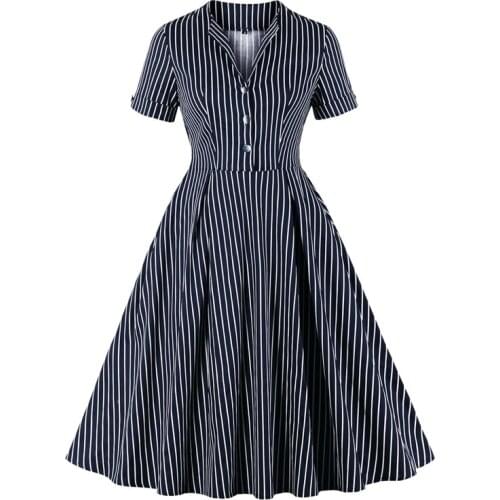 2021 Navy Blue Button Front Striped Vintage Robe Cotton Swing Dresses for Women High Waist Elegant Pocket Pleated Midi Dress