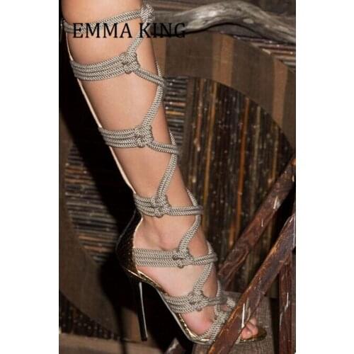 2021 Summer Women Gladiator Rope Sandals Boots Sexy Open Toe Cross-tied Knee High Boots Femme High Heel Sandals Boots Woman