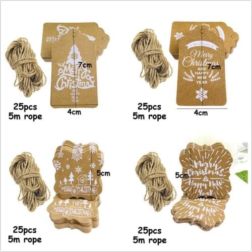 25Pcs Merry Christmas Label Tags Kraft Paper Gift Card DIY Hanging Tags Gift Wrapping for Christmas Navidad Noel Favors Decor