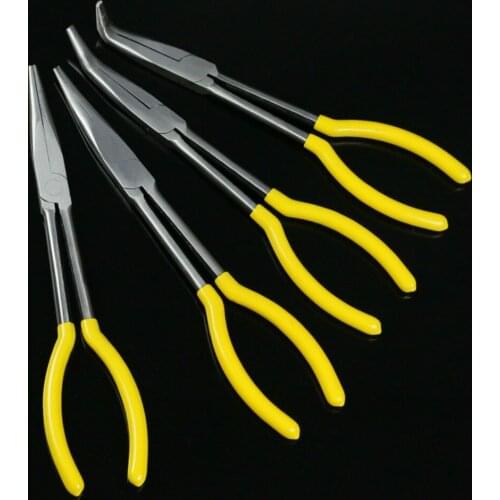 4Pcs 11 Inch Extra Long Nose Pliers Set Straight Bent Tip Mechanic Equipment Hand Tools