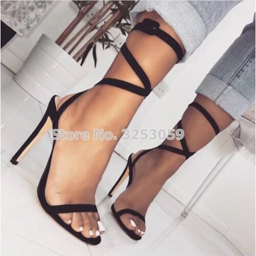 ALMUDENA Newest Arrival Black Red Nude Suede Single Strap Sandals Stiletto Heels Cross Strappy Banquet Party Shoes Dress Pumps