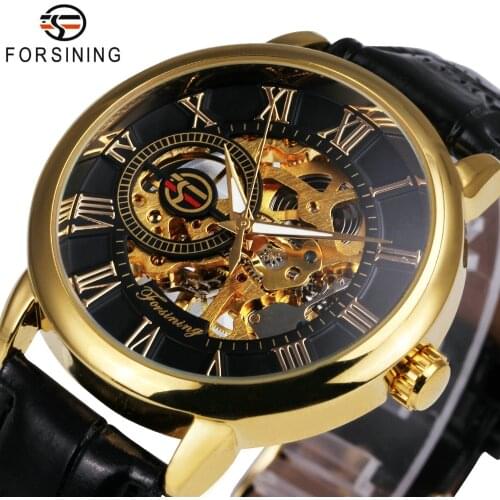 2019 FORSINING 3D Logo Black Gold Men Mechanical Watch Montre Homme Man Watches Top Brand Luxury Leather WINNER Skeleton Design