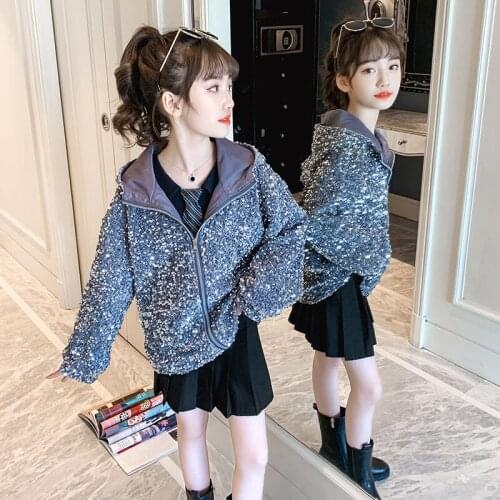 Kids Girls 2021 New Autumn Windbreaker Jackets Toddler Open Hooded Jackets Kids Baby Outerwear Sequin Process Costumes