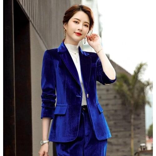 Business women Pant Suits Golden velvet Single Button woman Jacket and Long Pant Blazer Set female OL 2 Two Pieces Suits