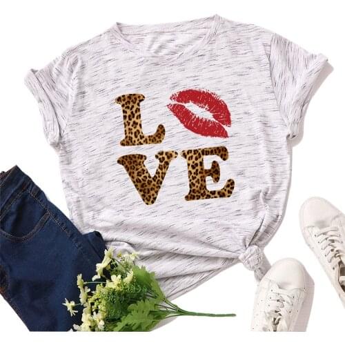 Women Love Red Lip Print T-shirt Oversize Cotton Tee Vogue Leopard Print Tshirts Summer Casual Harajuku TShirt Ladies Loose Tops