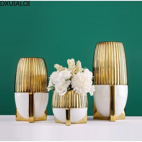 DXUIALOI Nordic creative electroplating golden ceramic crafts vase housewarming gift home living room desktop flower vase