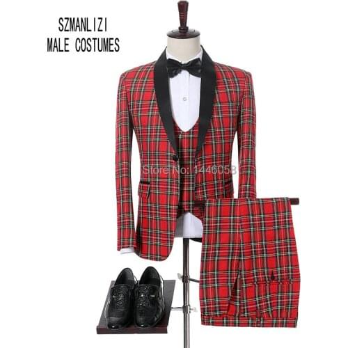 2018 Fashon Italian Design Red Plaid Morning Dinner Suit Men Slim Fit Groom Wedding Dress Men Wedding Suits 3 Piece Mens Tuxedo