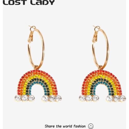 Lost Lady Charm Rainbow Dangle Drop Earrings Shiny Rhinestone Earrings for Women Fashion Jewelry Friend Gifts Wholesale