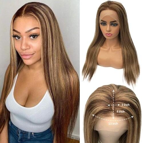 Highlight Lace Frontal Wig Human Hair Wigs Straight Highlight Ombre Brown Colored Middle Part Human Hair Wigs For Black Women
