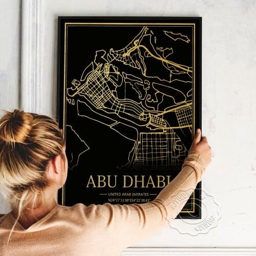 Arabia Abu Dhabi Map Poster, Black Golden Abu Dhabi Satellite Image Geographic Position Line Art Prints, Nordic Home Wall Decor
