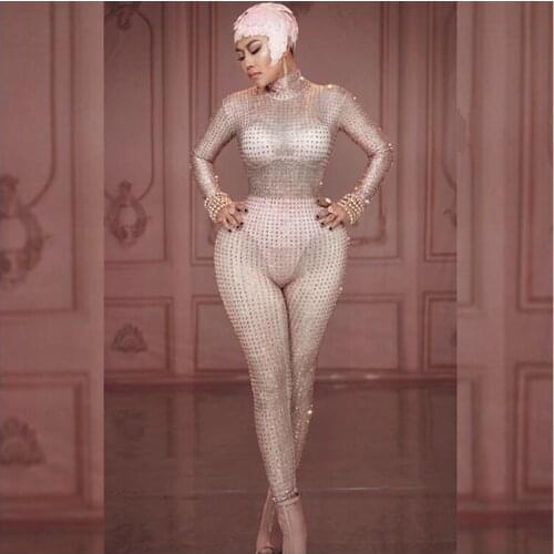 Full Bling Pink Rhinestones Spandex Jumpsuit Bra Short Pattern Bodysuit Birthday Celebrate Outfit Prom Female Singer Wear