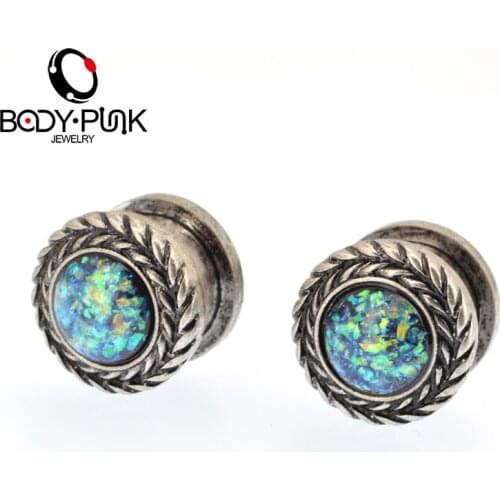 BODY PUNK Burnish Olive Branch Double Flare Ear Plugs Retro Blue Opal Screw Tunnel Ear Expanders Earrings Gauges 6-14MM