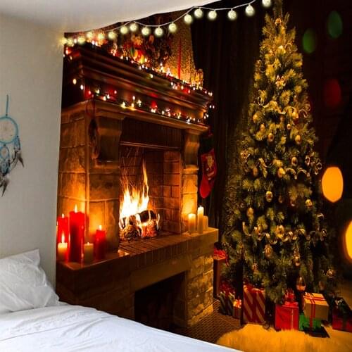 2020 New Christmas Tapestry Christmas Tree And Fireplace Warm Family Wall Hanging Backdrop Home Room Decoration Gift
