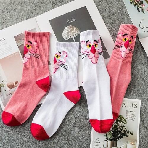2020 Hip hop Women Printed Socks Cute Cortoon Animal Pink Panther Letters Inscription Black White Cotton Funny Socks For Female
