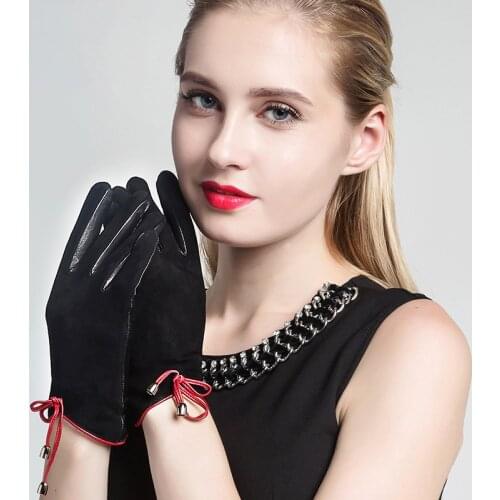2020 New Genuine Leather Womens Gloves Autumn Winter Warm Plush Lined Fashion Bowknot Suede Sheepskin Gloves Female TE3321