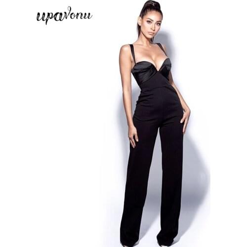 Free Shipping Women Black Sling Jumpsuit 2021 Summer New V-neck Sleeveless Slim Straight Jumpsuit Celebrity Club Party Jumpsuit