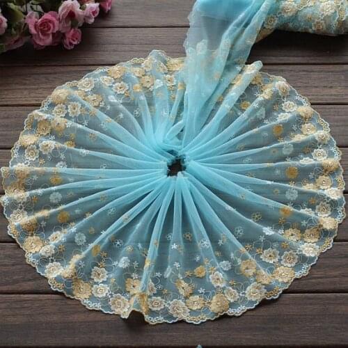 2 Yards Lace Trim Exquisite Yellow Flowers Embroidered Cyan Tulle Lace 7.87 Inches Wide High Quality