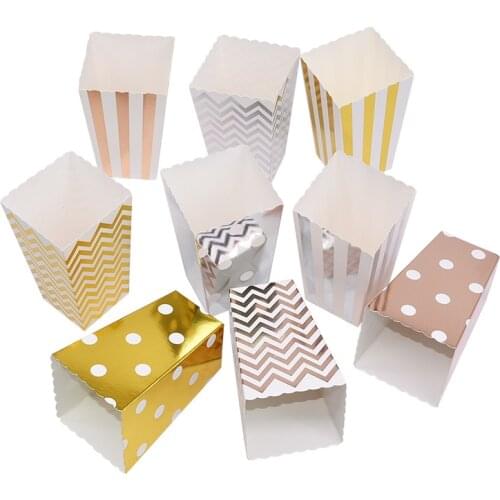 6/12pcs Rose Gold Silver Popcorn Box Candy Snacks Wave Stripe Dot Gift Box Wedding Birthday Party Decoration Tableware Supplies