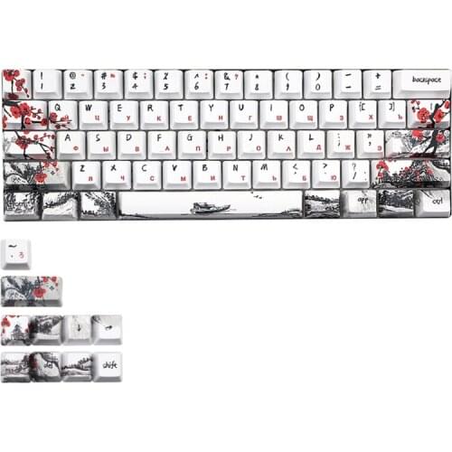 69HA PBT Five Sides Dye-subbed 71 Keycaps with Unique Chinese Plum Blossom Theme DIY for Japanese/Korean/Russian to Choose
