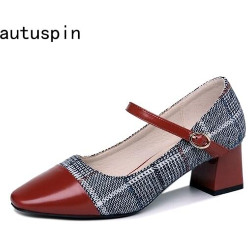 Autuspin Square Toe Women Shoes Fashion Genuine Leahter High Heels Pumps for Ladies Office Working Dress Pump Zapatos De Mujer
