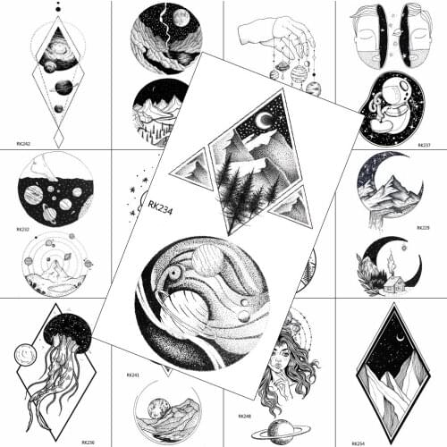 Geometric Mountain Forest Temporary Tattoo Sticker Fake Body Art Arm Tattoo Paper For Adult Waterpoof Moon Star Tatoo Sticker