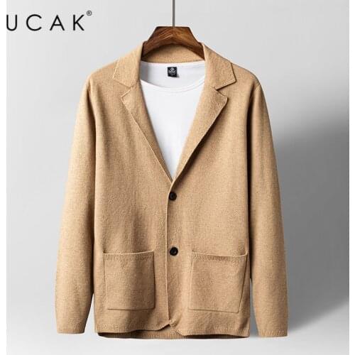 UCAK Brand Casual Cardigans Men Clothes Button Pockets Sweatercoat Clothing Streetwear Solid Color Cardigan Pull Homme U1179