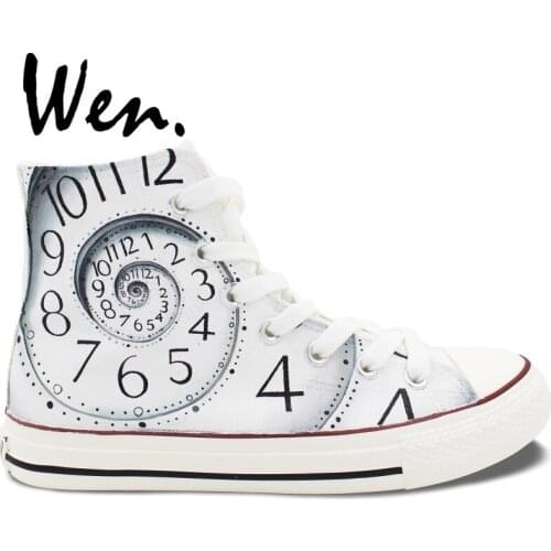 Wen White High Top Canvas Shoes Original Design Time Clock Graffiti Painting Man Woman Hand Painted Shoes Platform Sneakers