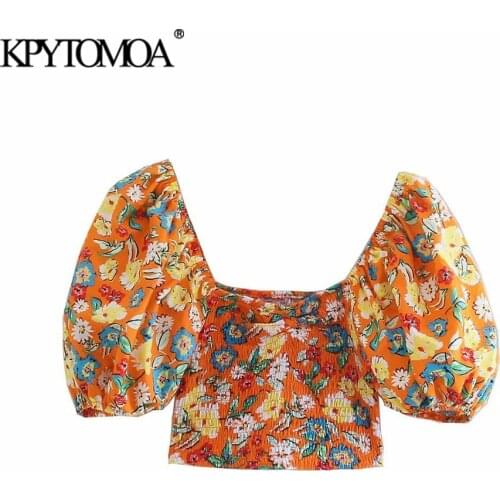 KPYTOMOA Women 2021 Fashion Floral Print Smocked Elastic Crop Blouses Vintage V Neck Puff Sleeve Female Shirts Blusas Chic Tops