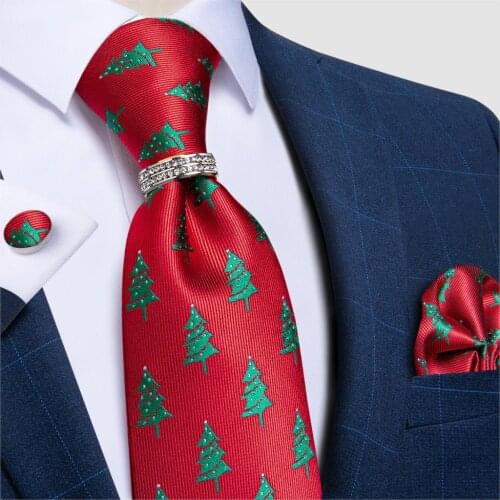 Red Mens Ties Green Christmas Tree Pattern Necktie Pocket Square Cufflinks And Tie Ring Men Business Wedding Party Tie DiBanGu