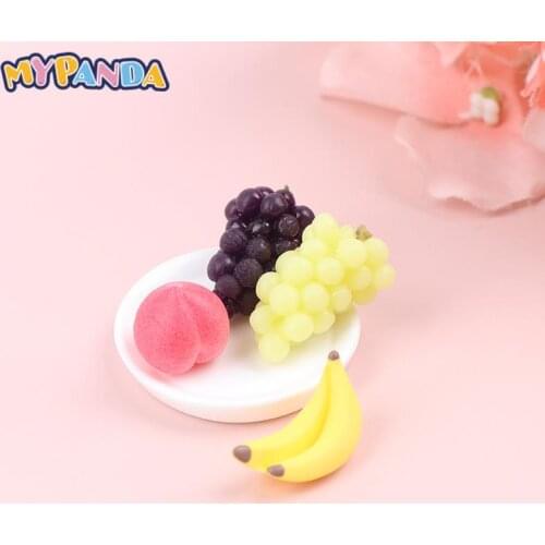 1:12 Miniature Food Fresh Fruit Platter Grape Banana OPeach White Dish Dollhouse Kitchen Accessories