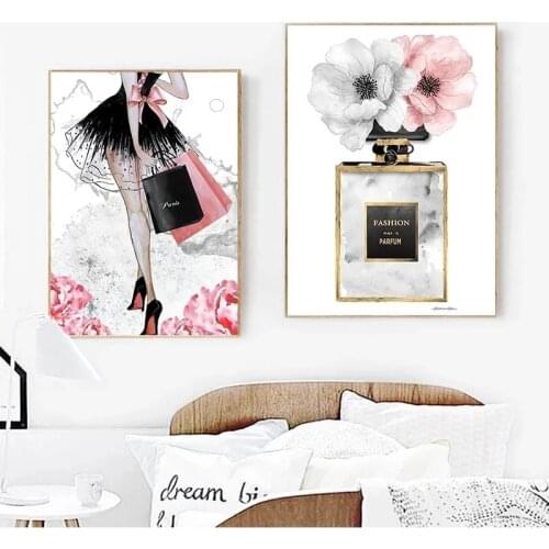Fashion Girl Paris Perfume Flower High Heels Nordic Posters And Prints Wall Art Canvas Painting Decoration Pictures Living Room