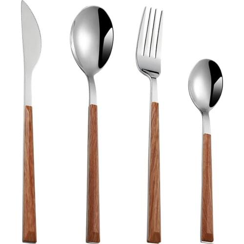 Stainless Steel Tableware Glossy Wood Silver Color Dinnerware Sets Western Food Knife Fork Spoon Teaspoon Flatware Cutlery Set