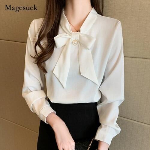 2021 Autumn New Bow Satin Long-Sleeve Shirt Women Office Lady Solid Beading Women Blouse Plus Size Pullover Ladies Tops 10496