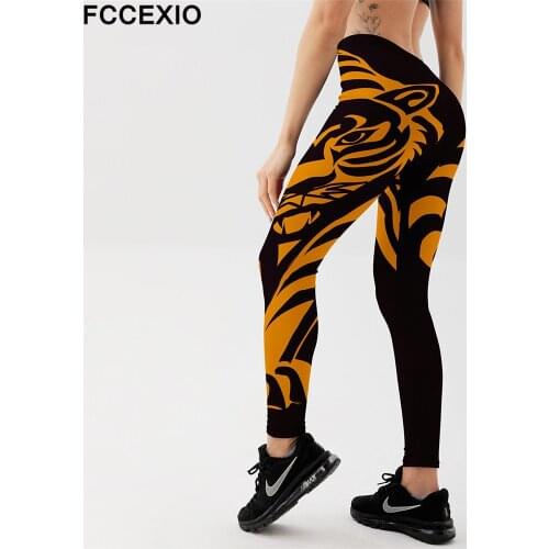 FCCEXIO New Sexy Women Leggings Digital Print Yellow Tiger Graffiti Push Up Fitness Legging Slim Workout Legging Skinny Pants