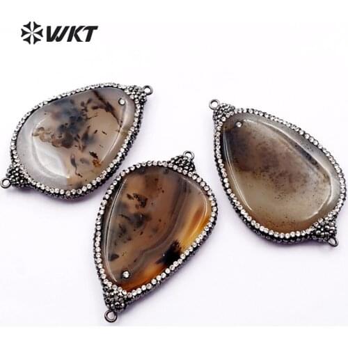 NP357 WKT Special Shape Natural Stone Connector Jewelry White Brown Moss Smooth Stone With Rhinestone Bracelet Connector