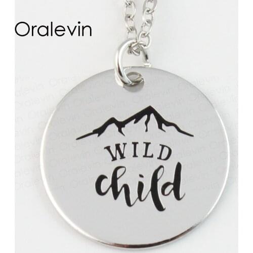 Wholesale WILD CHILD Engraved Disc Pendant Mountain Charms Necklace Lover Gift Jewelry 10Pcs/Lot,#LN115